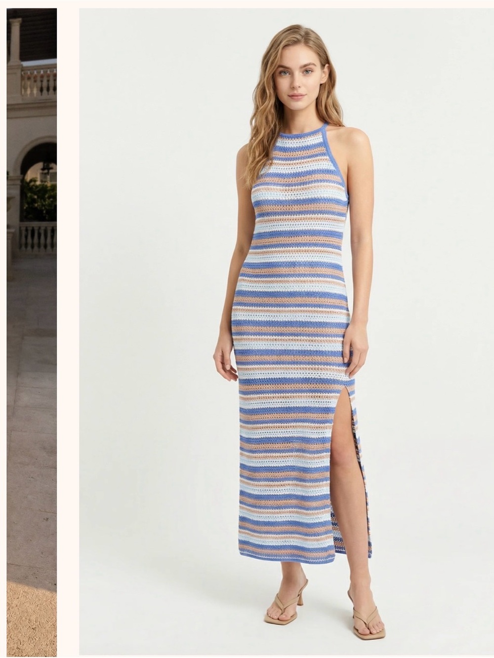 Striped Halter Maxi Dress in Blue and Cream